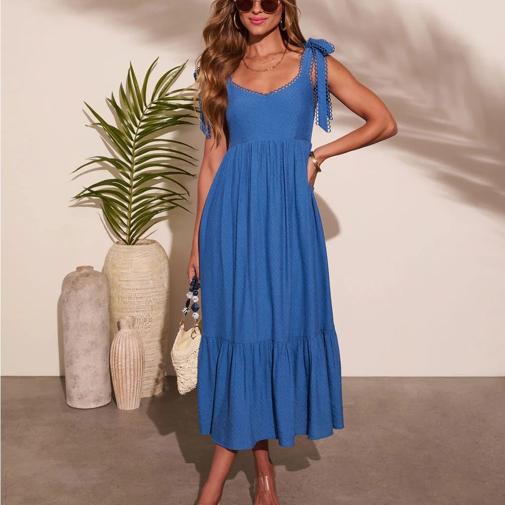 Mine Blue Midi Dress with Bow Straps